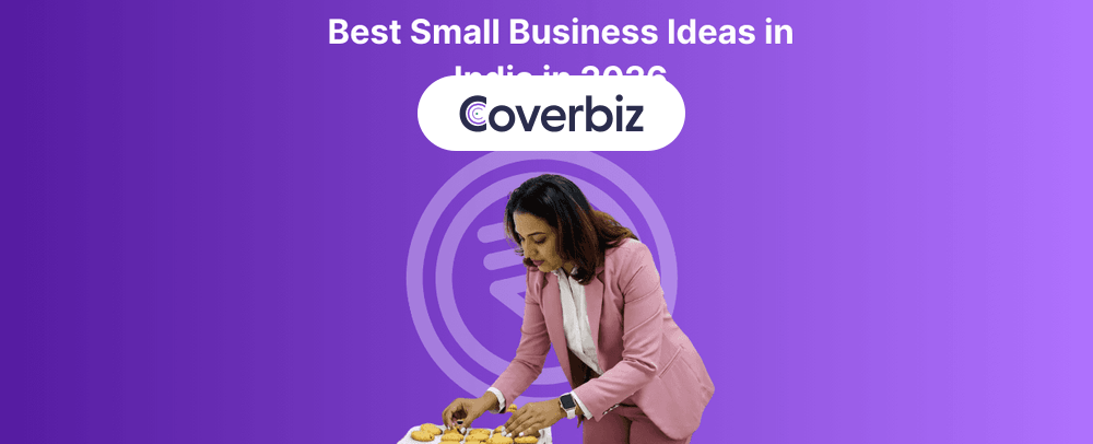 A woman in a pink suit arranging a tray of cookies, while a text "Best Small Busines Ideas in India in 2026" written behind her in a violet background