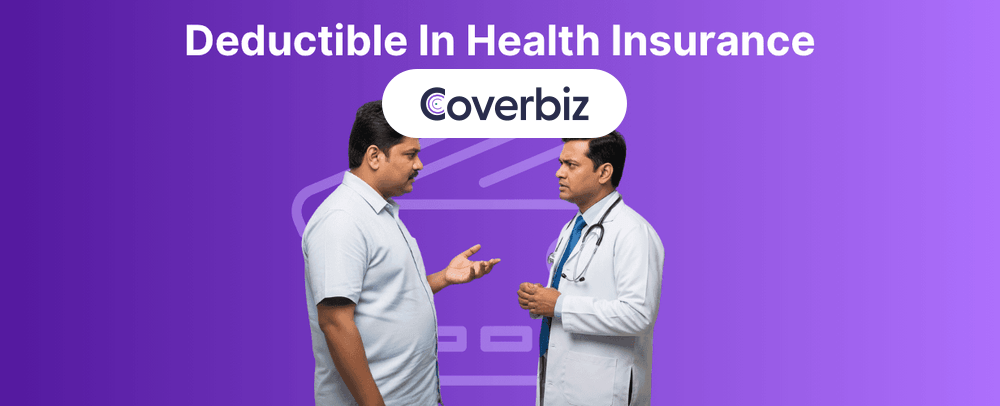 an Indian male person wearing a light blue formal half-sleeve shirt talking with a doctor, the background is a violet background that has the text "Deductible In Health Insurance"