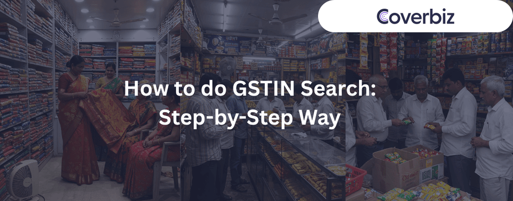 A text named How to do GSTIN Search: Step-by-step Way with a background of various Indian shops
