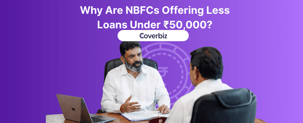 A middle aged Indian in a white formal shirt man talking to another man, both are sit in corporate chairs, while a laptop is open near them. The background is violet and the text "Why Are NBFCs Offering Less Loans Under ₹50,000" written on it