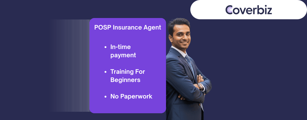 A man wearing a formal suit leaning a violet block explaining the benefits of becoming a POSP insurance agent