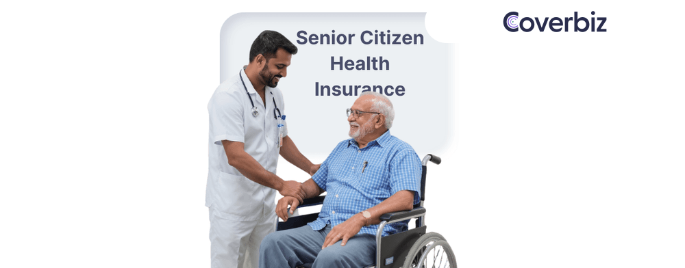 An Indian male nurse assisting a senior citizen in a wheelchair with senior citizen health insurance written in background