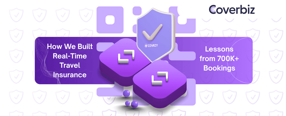 Two 3D code blocks with a 3D Insurance guard symbol with the brand name Coverbiz on it. A violet banner underlying this, carrying the text "How We Built Real-Time Travel Insurance" written on it. Few violet balls lying below the banner