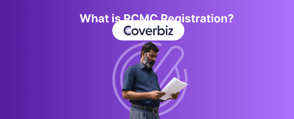 A man wearing a blue shirt and grey trouser is reading a document. The background is a violet space where "What is RCMC Registration" written