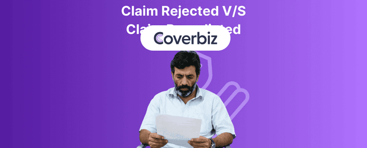 An Indian man wearing a light blue formal shirt, reading a document. Behind him is a violet background with the text "Claim Rejected V/S Claim Repudiated"
