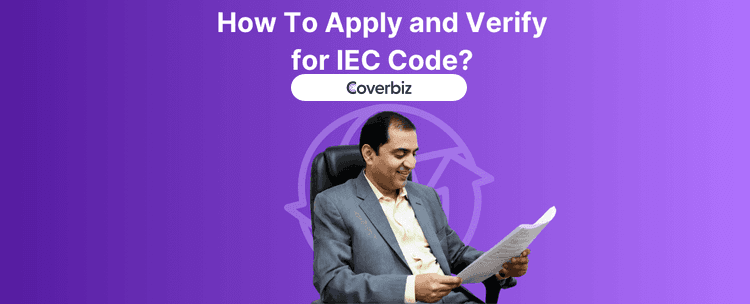 A middle-aged man wearing a grey suit reading a printed document in a violet background with the text How to apply and verify for IEC code