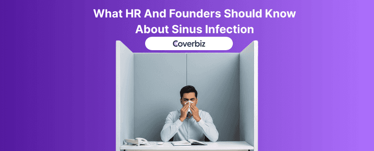 A man sitting in small white cubicle while blowing his nose on his handkerchief, as the background is a violet wall
