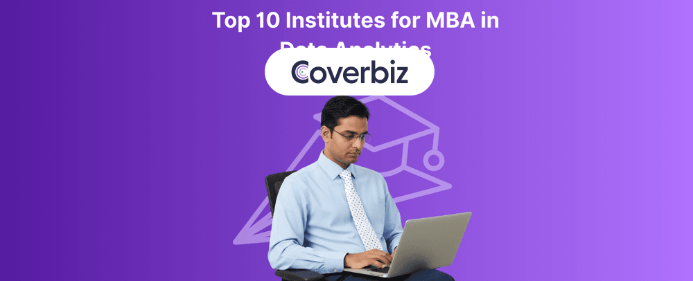 A man wearing spectacles in a light blue formal shirt and a white tie is working on his laptop sitting on a corporate chair, while the text Top 10 Institutes for MBA in Data Analytics is written behind him