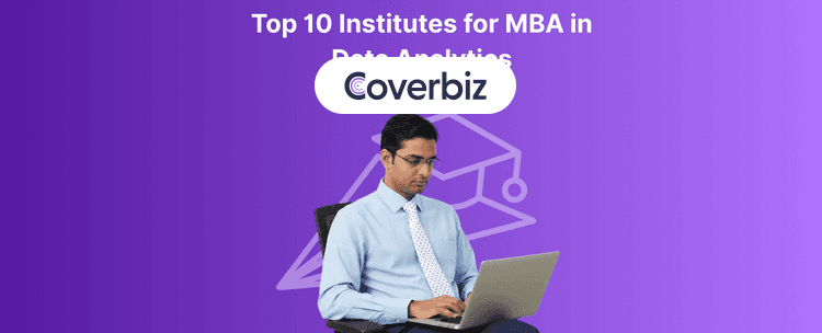 A man wearing spectacles in a light blue formal shirt and a white tie is working on his laptop sitting on a corporate chair, while the text Top 10 Institutes for MBA in Data Analytics is written behind him